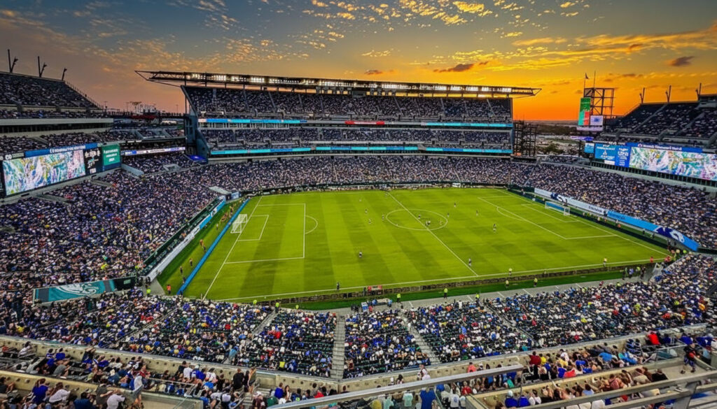Copa do Mundo na Filadélfia: Guia e Lincoln Financial Field Vista externa imponente do Lincoln Financial Field na Filadélfia, iluminado sob um céu de fim de tarde, pronto para a Copa do Mundo.