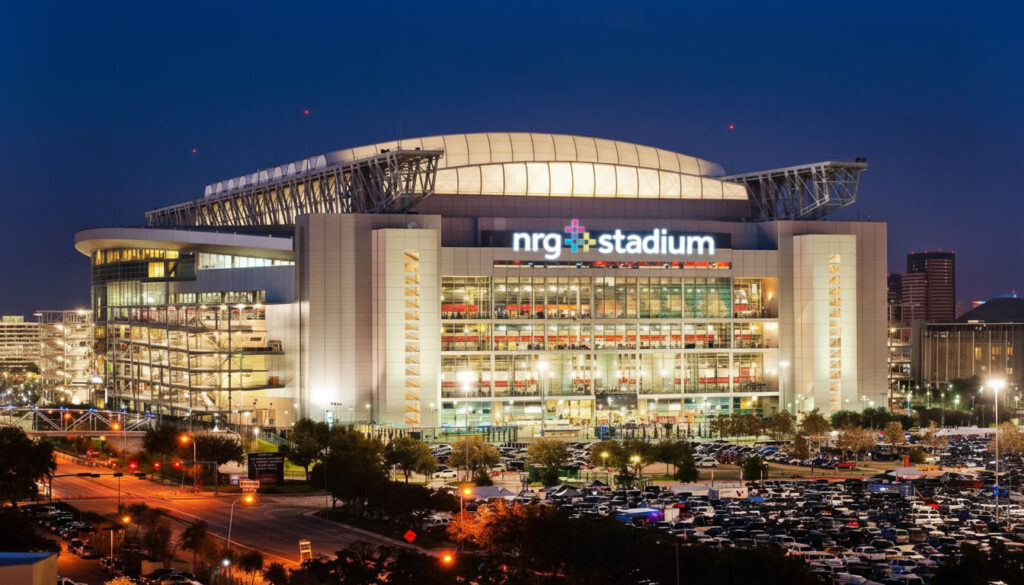 Copa do Mundo em Houston: Guia de Viagem e NRG Stadium Vista externa imponente e moderna do NRG Stadium em Houston, iluminado à noite sob um céu limpo, preparado para a Copa do Mundo.