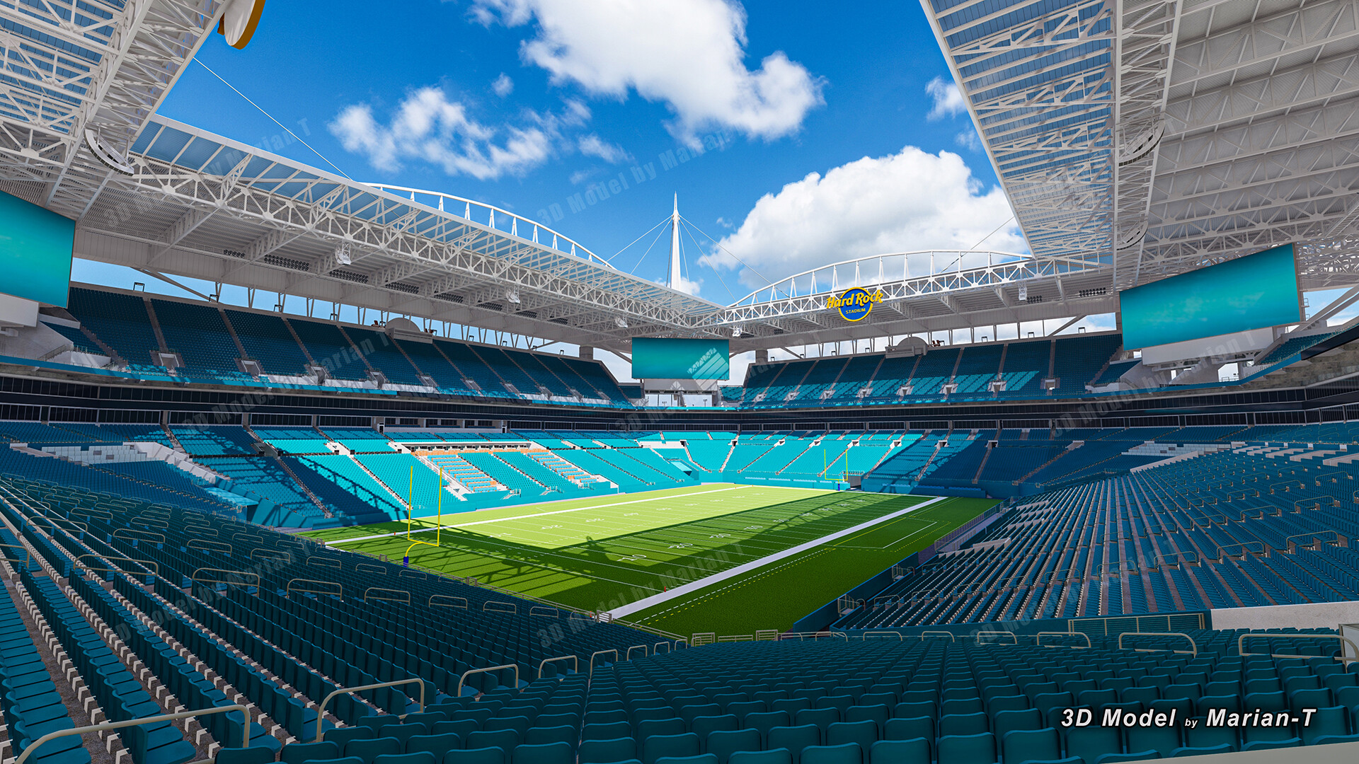 Copa do Mundo 2026 em Miami — Hard Rock Stadium: Guia Completo de Viagem Hard Rock Stadium em Miami Gardens com decoração da Copa do Mundo 2026, vista aérea ao pôr do sol