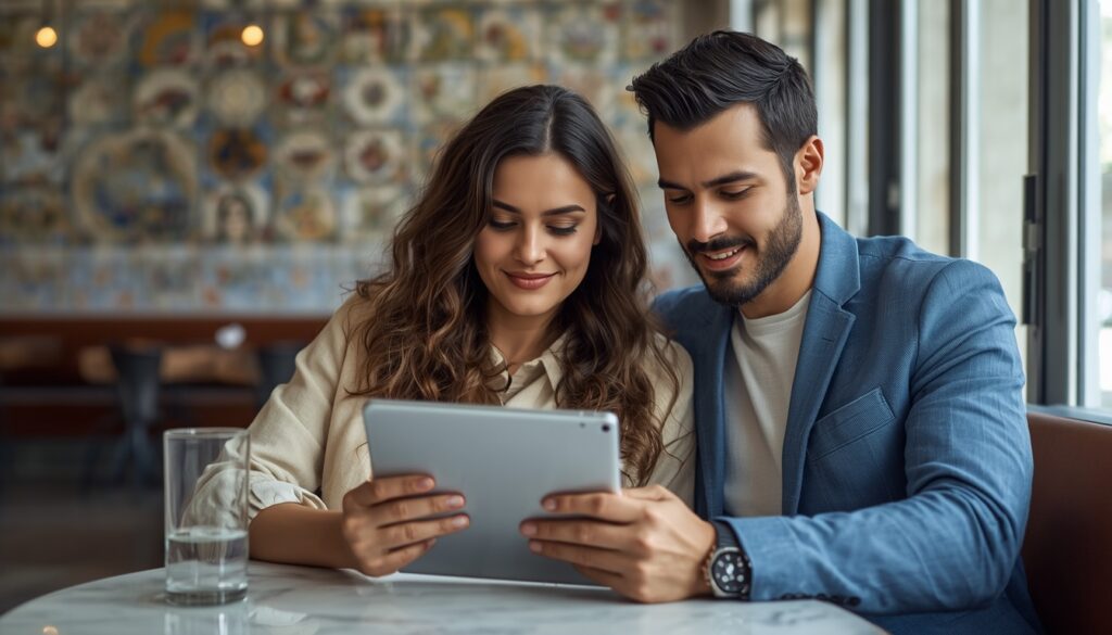 O Verdadeiro Custo de Vida em Portugal para Brasileiros em 2026 Jovem casal analisando o orçamento mensal em um tablet em um café aconchegante em Lisboa, com vista para a arquitetura clássica portuguesa ao fundo.
