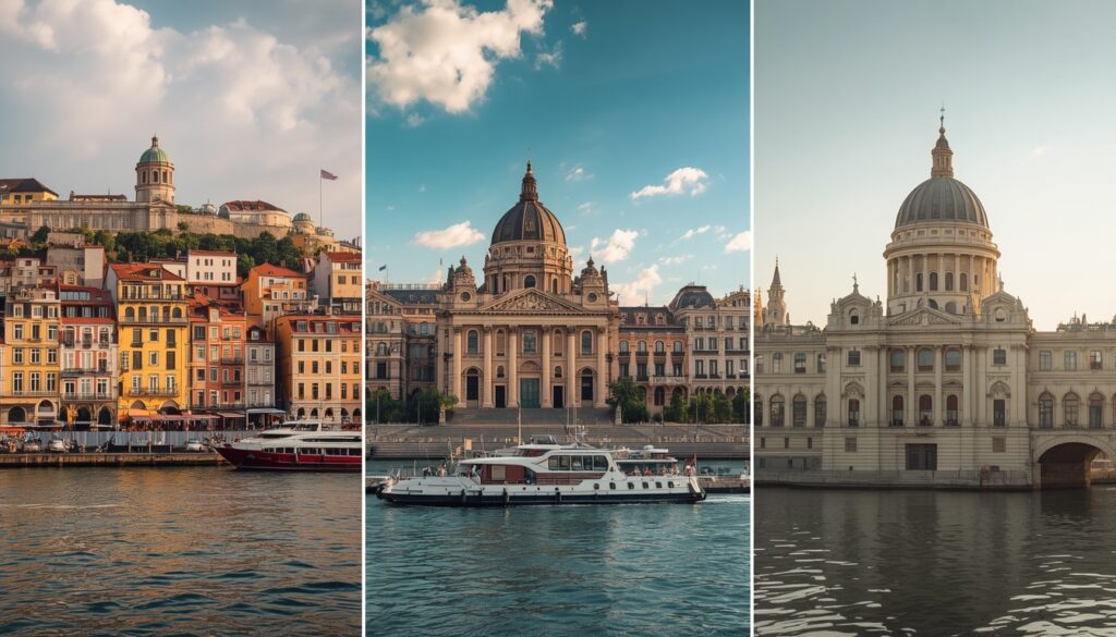 3 Destinos Mais Baratos da Europa para Brasileiros em 2026 Montagem visual com ícones das cidades de Porto, Sofia e Budapeste, representando destinos acessíveis na Europa.