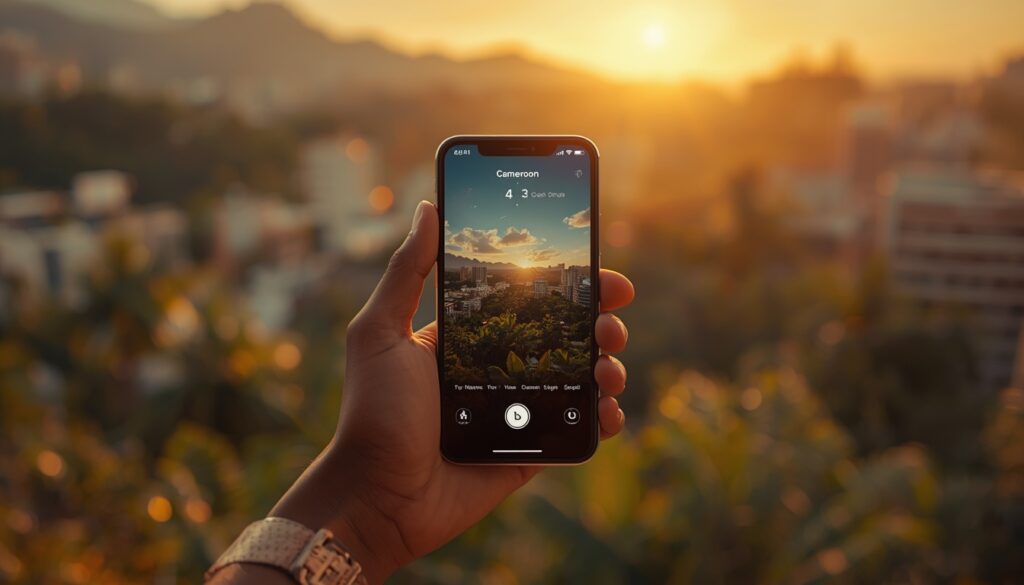eSIM em Camarões: Qual o Melhor Chip Virtual de Internet? Smartphone com sinal de rede ativo em um cenário de natureza exuberante e urbana de Camarões, simbolizando conectividade moderna.