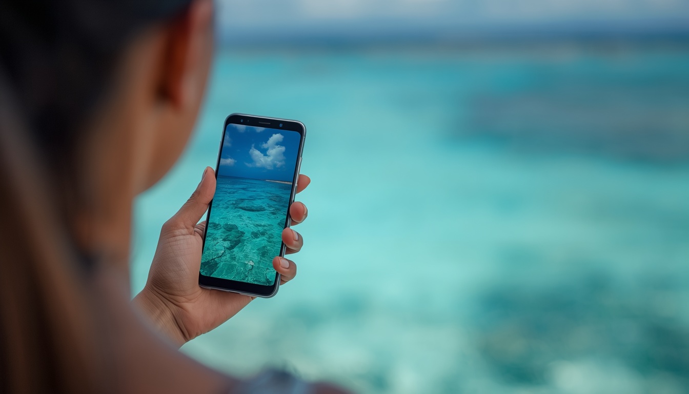 eSIM em Curaçao: como ter internet no celular em 2026 Turista usando smartphone com eSIM ativado em Curaçao, com o mar do Caribe ao fundo