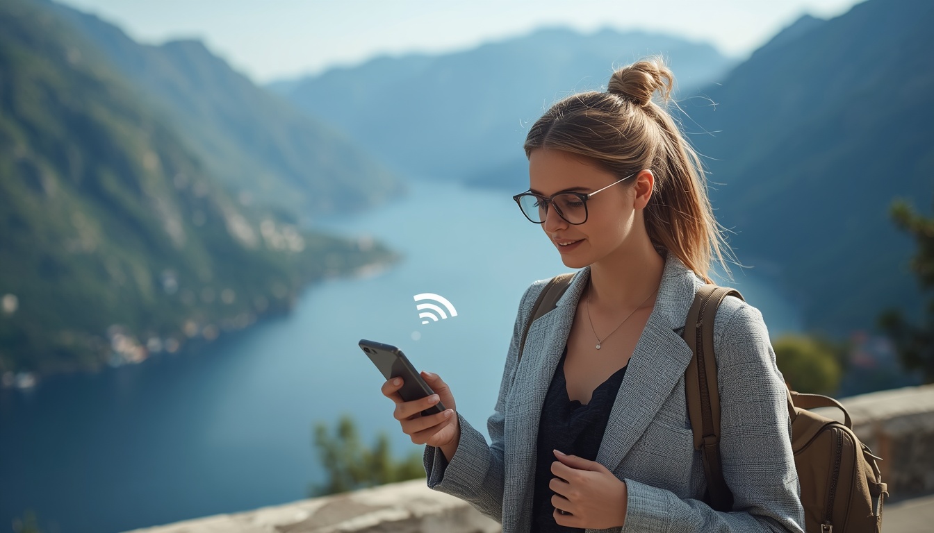eSIM em Montenegro — Internet para viagem em Kotor e Budva 2026 eSIM em Montenegro: viajante com celular conectado à beira da Baía de Kotor com montanhas e fortaleza ao fundo em 2026