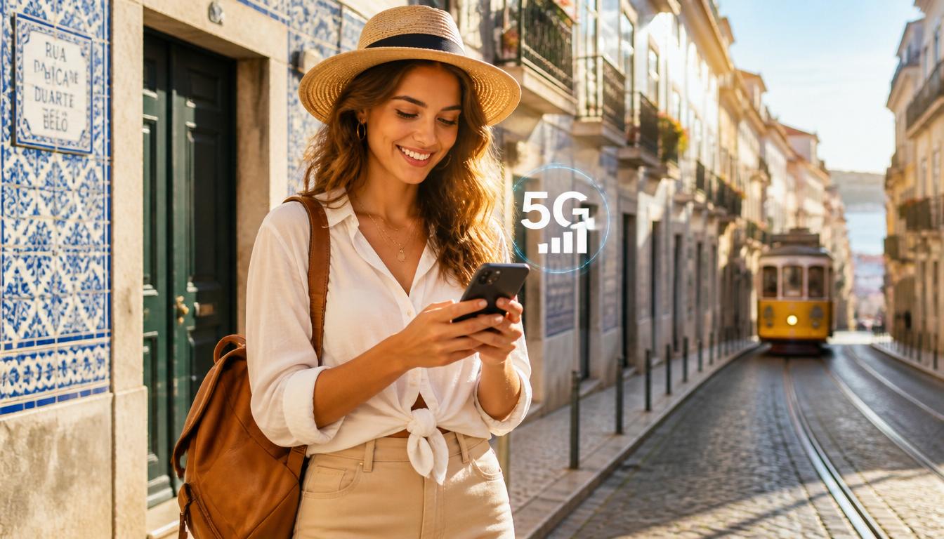 eSIM em Portugal 2026 — internet no celular desde o desembarque em Lisboa Turista brasileira usando eSIM com internet 4G no smartphone em frente ao Elétrico 28 em Lisboa, Portugal, 2026