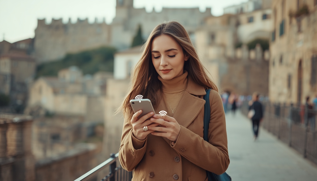 eSIM em San Marino — Internet para viagem em 2026 eSIM em San Marino: viajante conectado com internet no celular nas torres medievais do Monte Titano em 2026