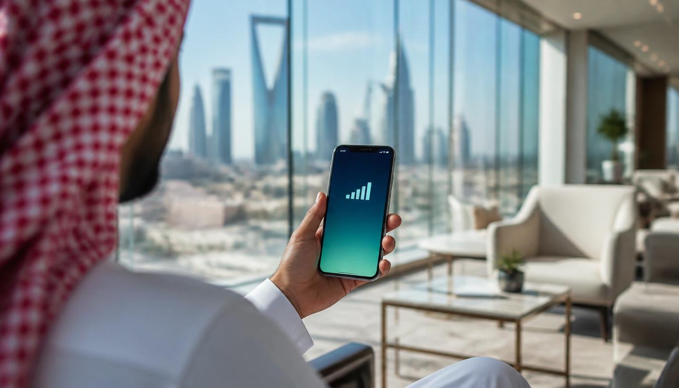 eSIM na Arábia Saudita — Chip virtual para viagem com internet 4G e 5G eSIM na Arábia Saudita: smartphone com sinal de internet em frente a paisagem saudita em 2026