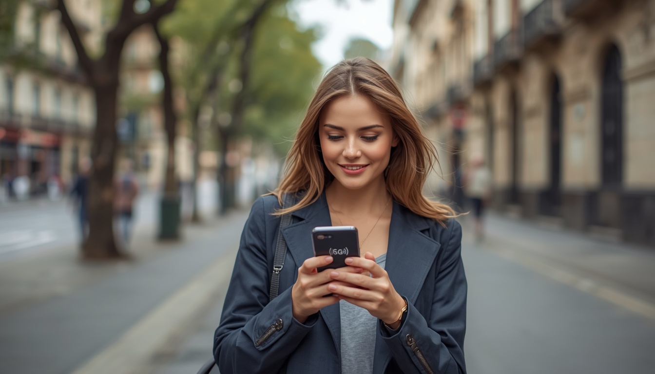 eSIM na Argentina — Internet para viagem em Buenos Aires 2026 eSIM na Argentina: viajante com celular conectado em Buenos Aires com vista para o Obelisco e a Avenida 9 de Julho em 2026