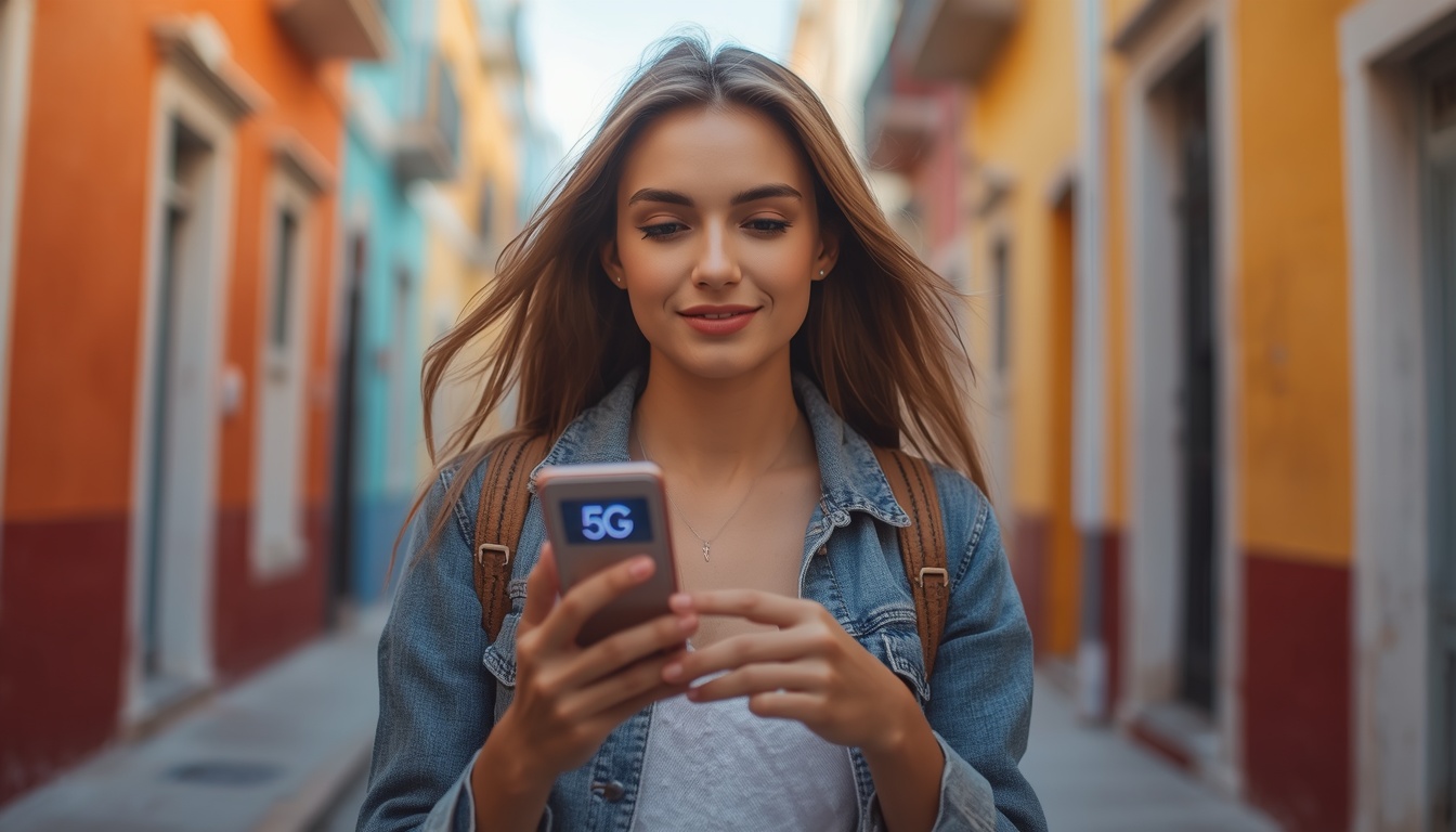 eSIM na Colômbia 2026 — internet no celular desde o desembarque em Bogotá ou Cartagena Turista brasileira usando smartphone com eSIM ativo e internet 4G em Cartagena das Índias, Colômbia, com a cidade murada colorida ao fundo, 2026