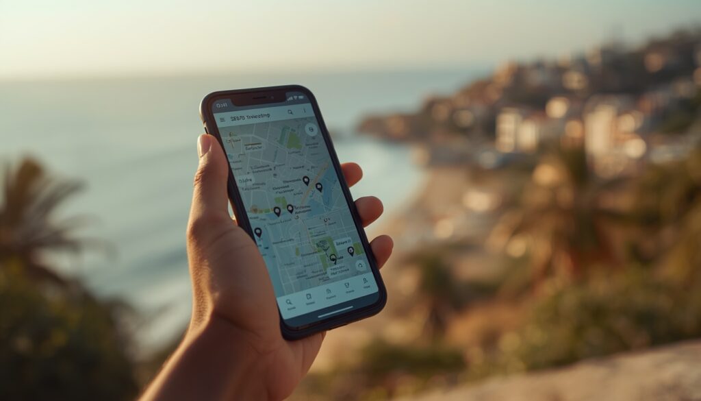 eSIM na Costa do Marfim: Qual o Melhor Chip Virtual? (2026) Smartphone moderno conectado em uma rede móvel com uma paisagem ensolarada da Costa do Marfim ao fundo, simbolizando conectividade.