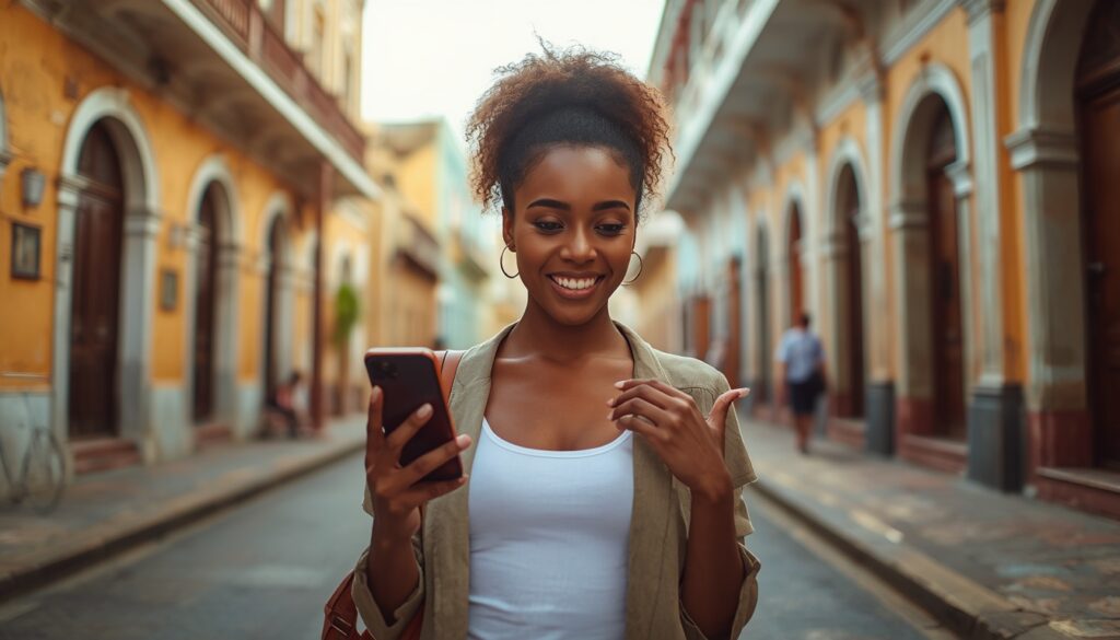 Como Ter Internet na Guiana em 2026? Chip Físico vs eSIM Jovem viajante usando smartphone com sinal 5G ativo caminhando próximo à arquitetura colonial de madeira em Georgetown, Guiana.