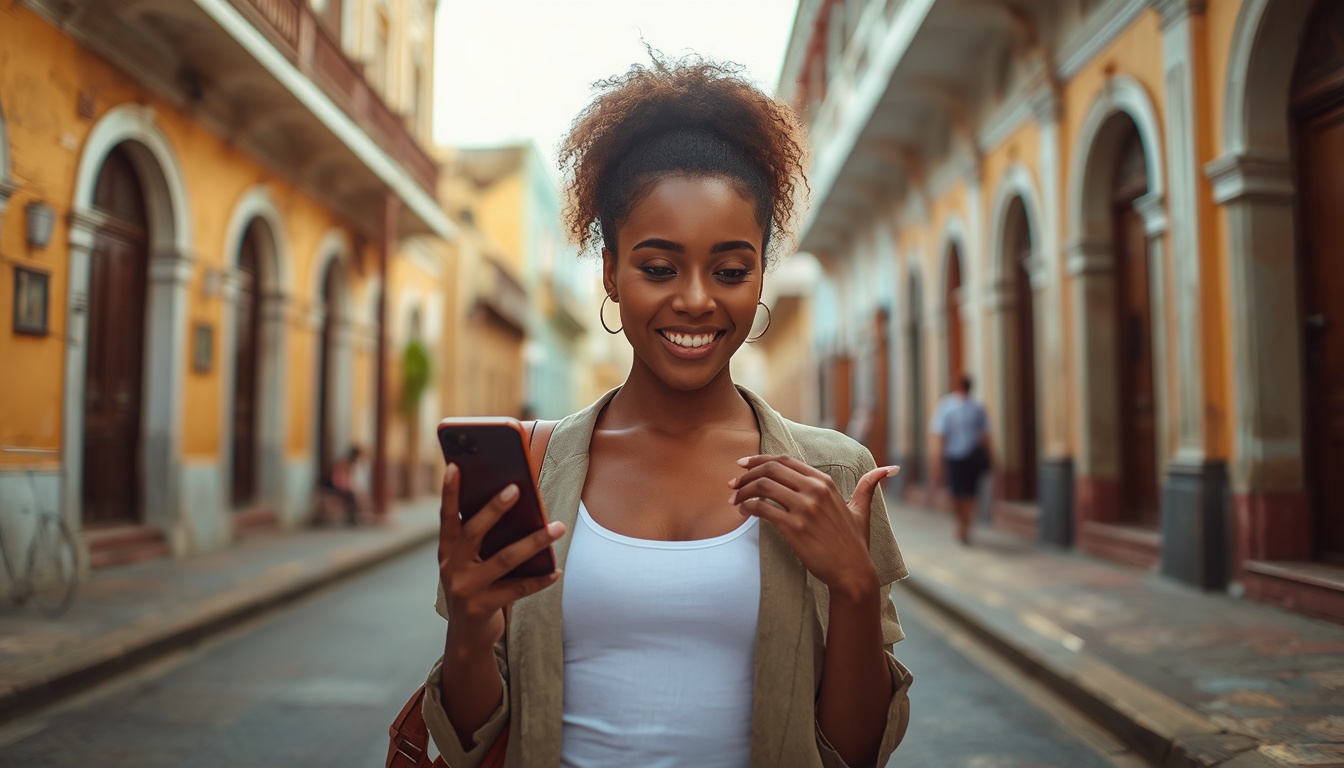 eSIM na Guiana 2026 — Internet no celular desde o desembarque em Georgetown Viajante brasileiro usando eSIM na Guiana com smartphone conectado em Georgetown, capital do único país anglófono da América do Sul