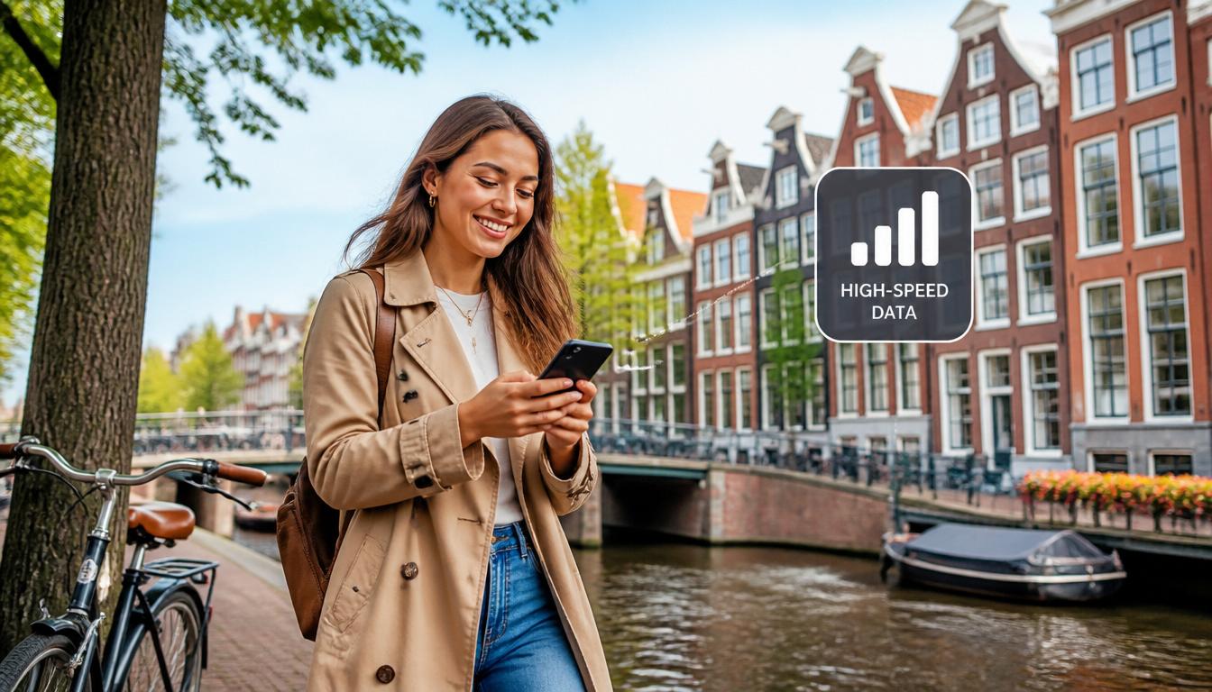 eSIM na Holanda 2026 — Internet para brasileiros nos Países Baixos eSIM na Holanda: celular mostrando mapa de Amsterdã com canais ao fundo em 2026