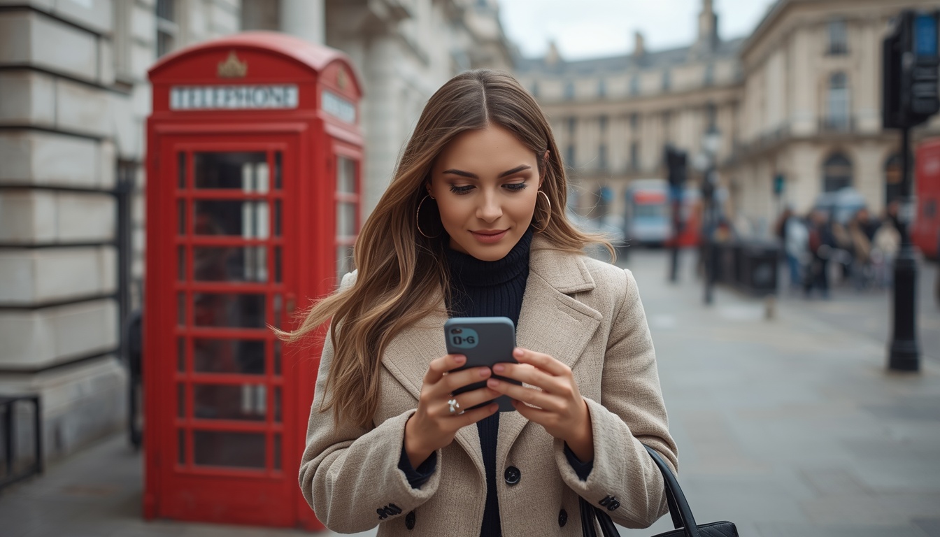 Turista usando smartphone com eSIM ativo e internet 4G em frente ao Big Ben e o Parlamento Britânico em Londres, Inglaterra, 2026
