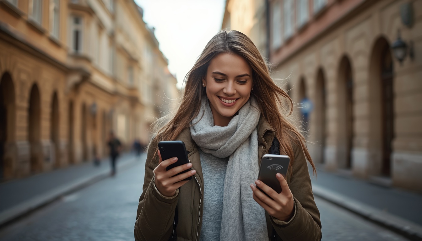 eSIM na República Tcheca — Internet para viagem em 2026 eSIM na República Tcheca: viajante usando internet no celular em Praga em 2026