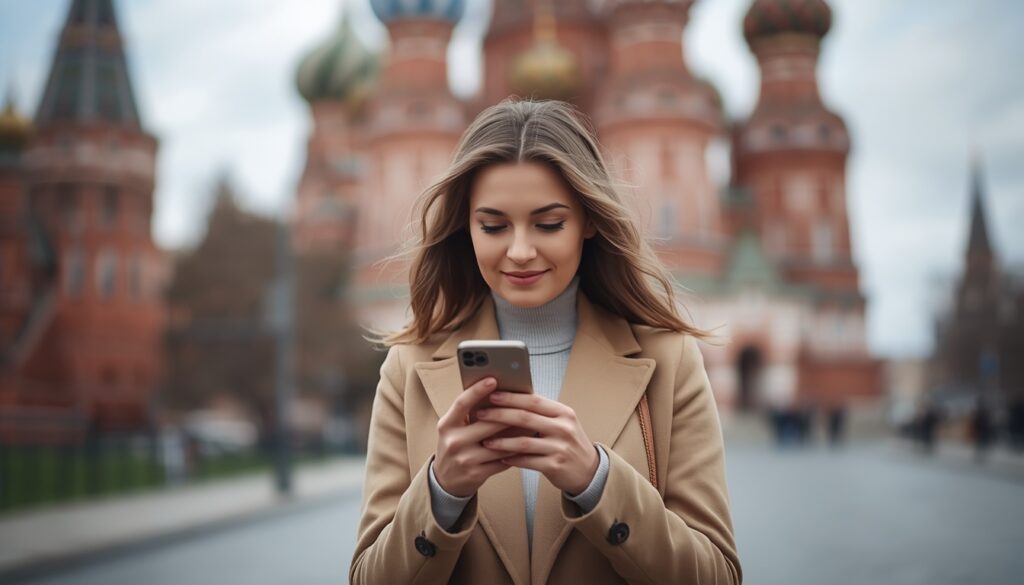 Como Ter Internet na Rússia em 2026? Chip Físico vs eSIM Jovem viajante sorridente utilizando smartphone com sinal 5G ativo em um cenário urbano icônico da Rússia.