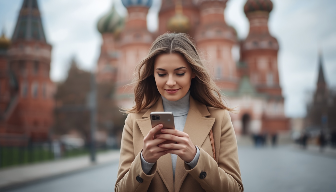 Internet na Rússia 2026 — Guia de conectividade para viajantes brasileiros Internet na Rússia 2026: celular com tela de conexão e paisagem urbana russa ao fundo