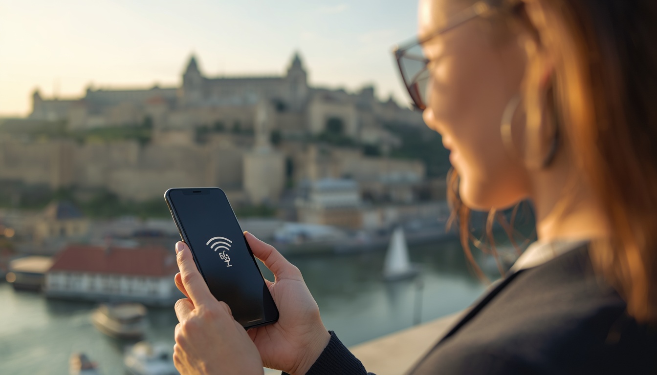 eSIM na Sérvia: viajante com celular conectado em Belgrado com vista para o Forte Kalemegdan e os rios Sava e Danúbio em 2026