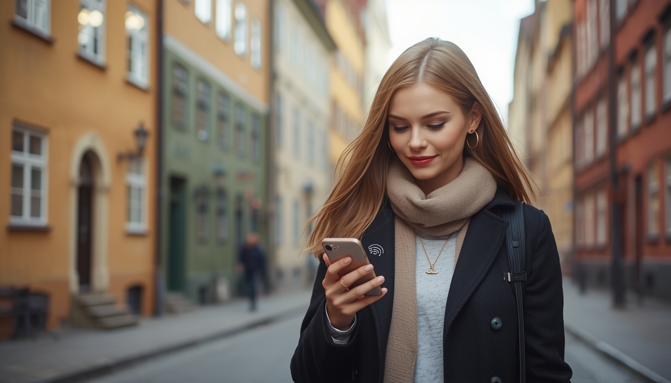 eSIM na Suécia 2026 — Internet no celular desde o desembarque em Estocolmo Viajante brasileiro usando eSIM na Suécia com smartphone conectado em frente à Gamla Stan, o centro histórico de Estocolmo