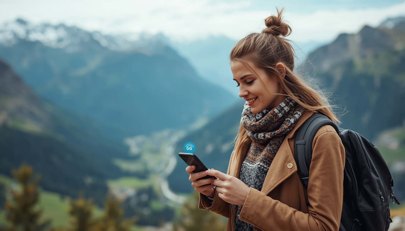 eSIM na Suíça 2026 — Internet para brasileiros nos Alpes e nas grandes cidades eSIM na Suíça: celular com mapa de navegação e Alpes suíços ao fundo em 2026