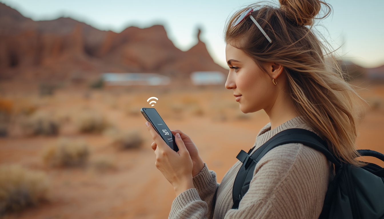 eSIM no Chile 2026 — Internet para brasileiros de Santiago ao Atacama e à Patagônia eSIM no Chile: celular conectado com mapa de Santiago e paisagem andina ao fundo em 2026
