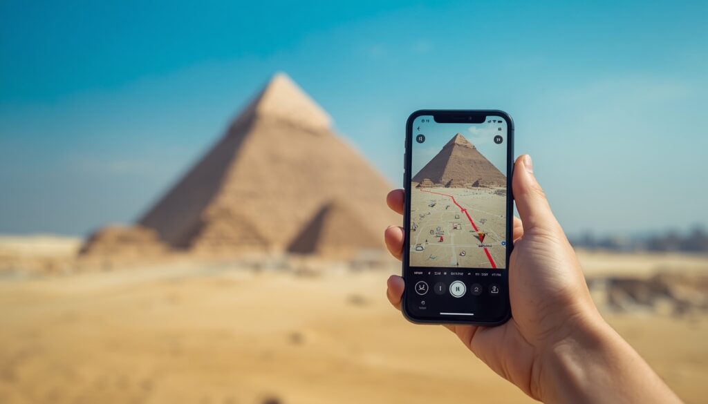 eSIM no Egito: Qual o Melhor Chip Virtual em 2026? Smartphone moderno exibindo sinal de rede 5G com as Pirâmides ao fundo, simbolizando a união entre história e tecnologia.