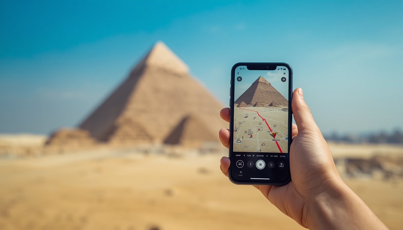 eSIM no Egito — Internet sem chip físico para sua viagem em 2026 eSIM no Egito: viajante brasileiro usando internet no celular com as pirâmides de Gizé ao fundo em 2026