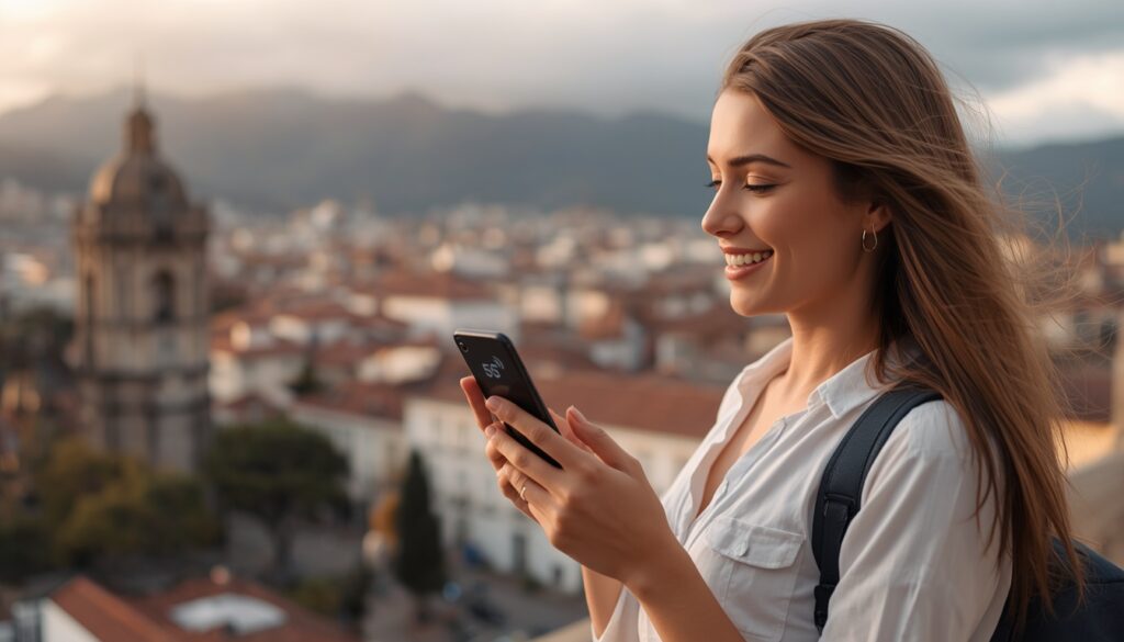 Jovem viajante sorridente utilizando smartphone com sinal 5G ativo tendo como fundo a vista panorâmica do centro histórico de Quito, Equador.