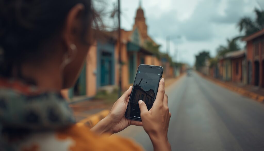 Como Ter Internet no Suriname em 2026? Chip Físico vs eSIM Jovem viajante a utilizar um smartphone com sinal 5G ativo nas margens do Rio Suriname, em Paramaribo.
