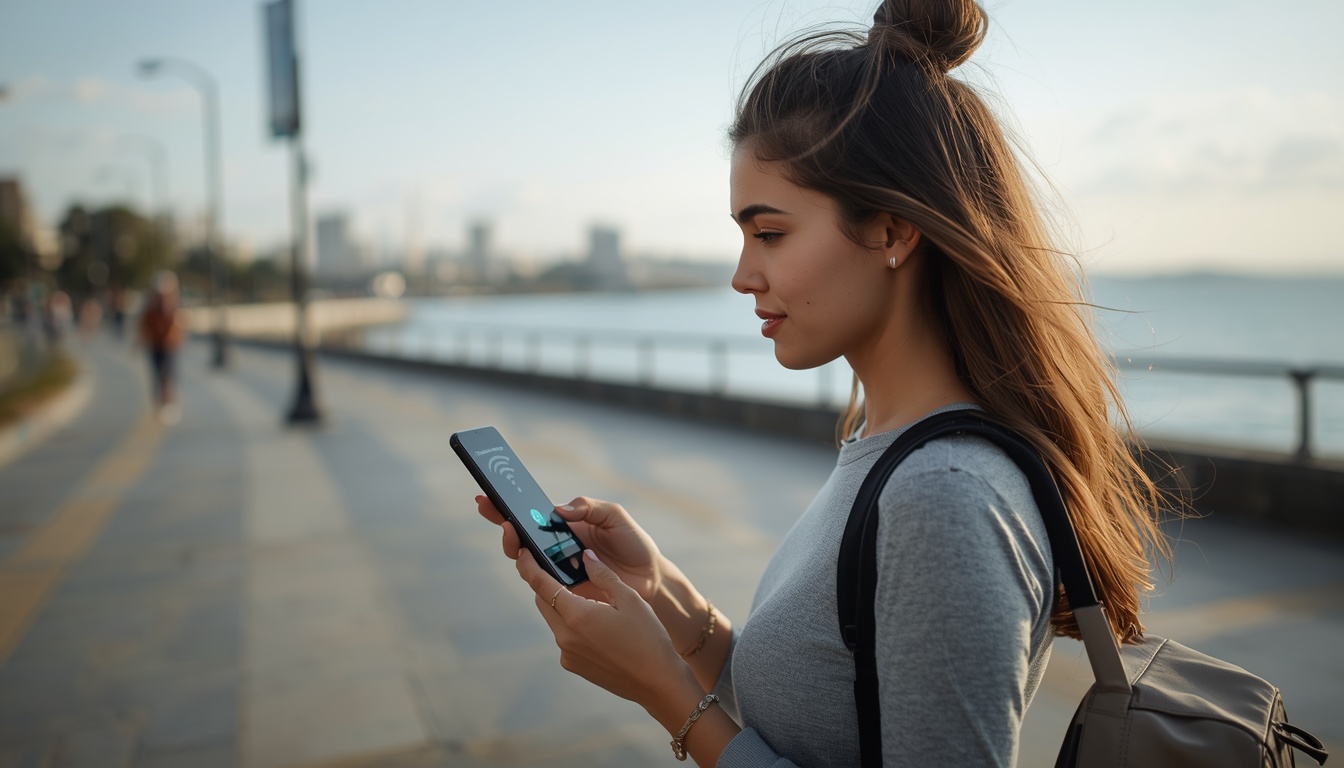 Turista usando smartphone com eSIM ativo e internet 4G na Rambla de Montevidéu, capital do Uruguai, com vista para o Rio da Prata, 2026