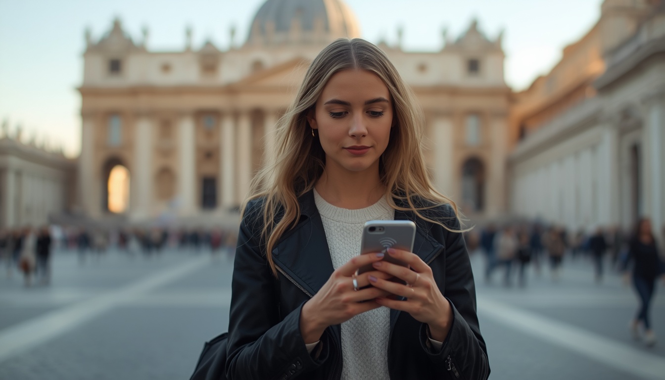 eSIM no Vaticano 2026 — internet no celular desde o desembarque em Roma para a visita ao menor país do mundo Turista usando smartphone com eSIM ativo e internet 4G na Praça de São Pedro, Vaticano, com a Basílica ao fundo, 2026