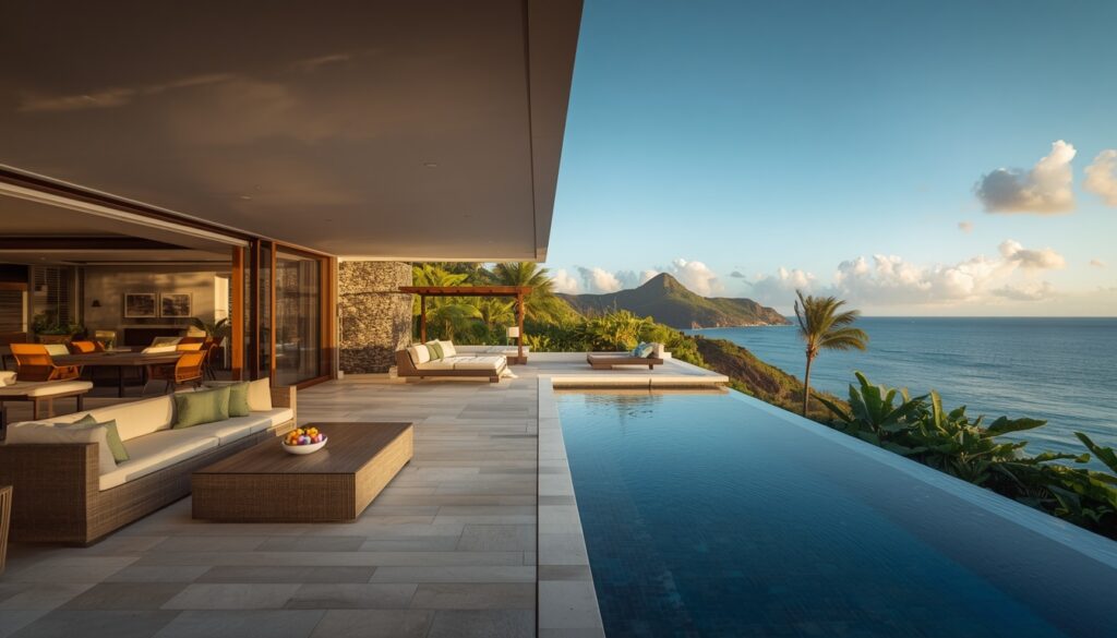 Morar em Curaçao: Custo de Vida, Melhores Bairros e Guia Prático Vista de uma casa moderna em Curaçao com varanda voltada para um jardim tropical e o mar.