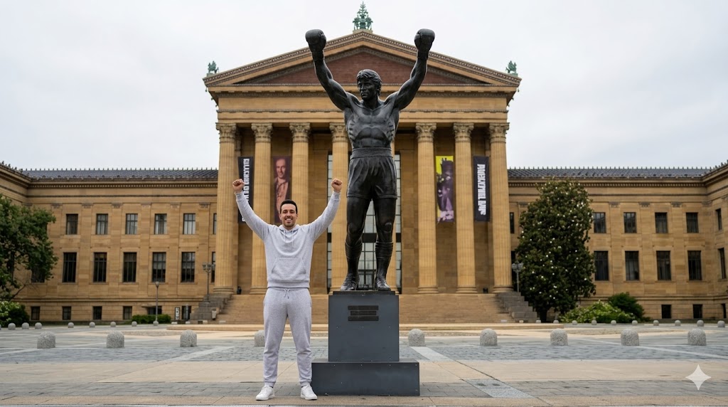Cenários do Filme Rocky Balboa em Filadélfia — Guia Completo de Viagem 2026 Philadelphia Museum of Art com a estátua de Rocky Balboa e os famosos degraus do filme em Filadélfia 2026