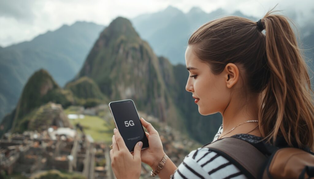 Como Ter Internet no Peru em 2026? Chip Físico vs eSIM Jovem viajante sorridente segurando um smartphone com sinal 5G ativo, tendo as montanhas andinas e o sítio arqueológico de Machu Picchu ao fundo.