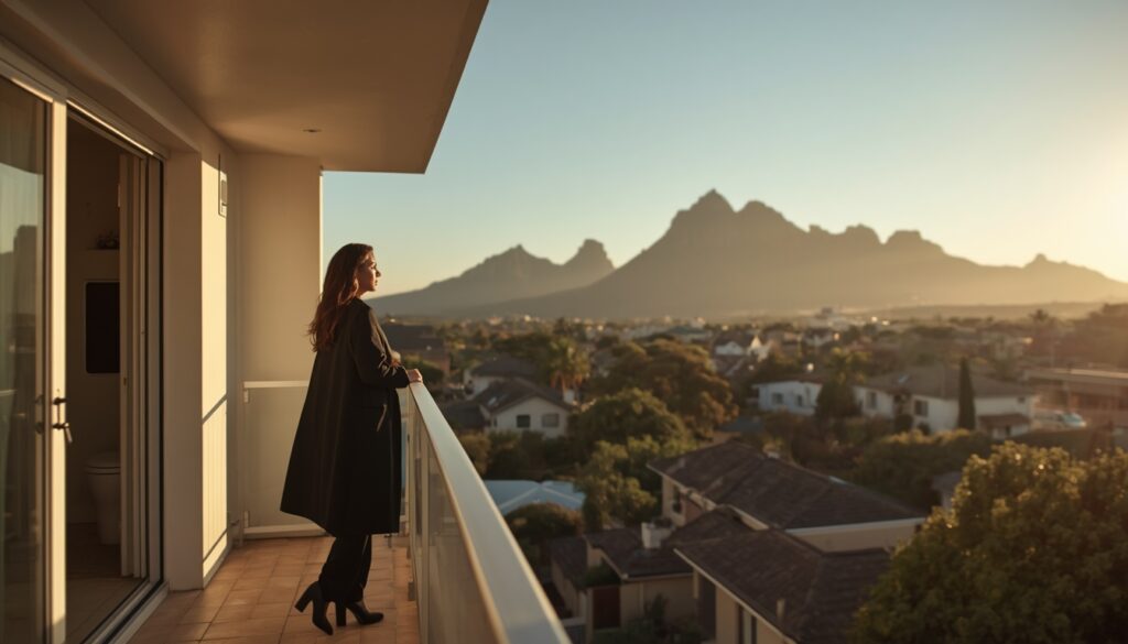 Como é Morar na África do Sul em 2026? Custos, Vantagens e Segurança Jovem profissional brasileira apreciando a vista de um bairro residencial arborizado na Cidade do Cabo, equilibrando qualidade de vida e rotina.