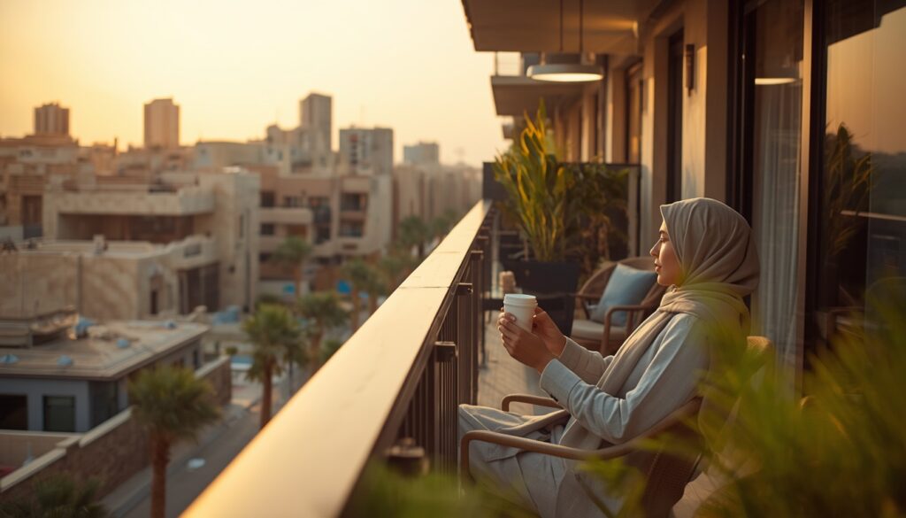 Morar na Arábia Saudita em 2026: Custo de Vida, Leis e Rotina Um expatriado desfrutando de um final de tarde em um condomínio residencial de luxo em Riade, refletindo o conforto e a modernidade da vida na Arábia Saudita.