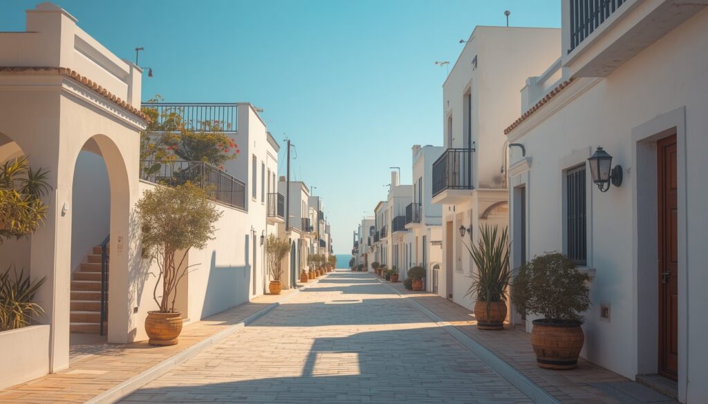 Morar na Argélia: Custo de Vida, Segurança e Guia Expatriado Vista panorâmica de um bairro residencial charmoso em uma cidade argelina, misturando arquitetura mediterrânea e luz do sol.