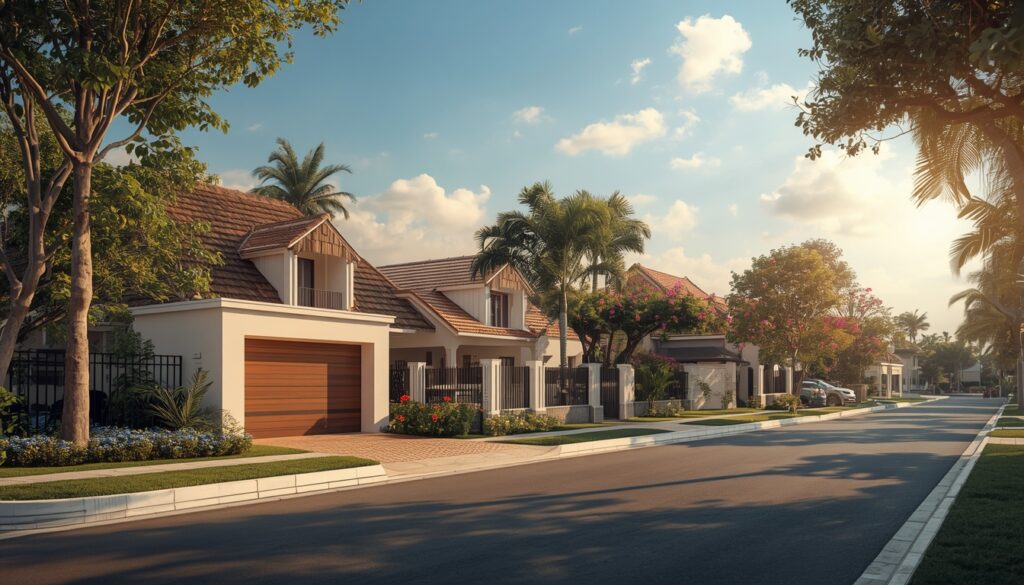 Morar na Costa do Marfim: Custo de Vida, Vistos e Rotina Vista encantadora de um bairro residencial arborizado em Abidjan, transmitindo uma atmosfera de lar e adaptação à cultura local.