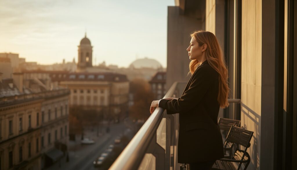 Como Morar na Sérvia em 2026? Custo de Vida, Visto e Cidades Jovem profissional brasileira apreciando a vista urbana de Belgrado, Sérvia, em um apartamento moderno com varanda.