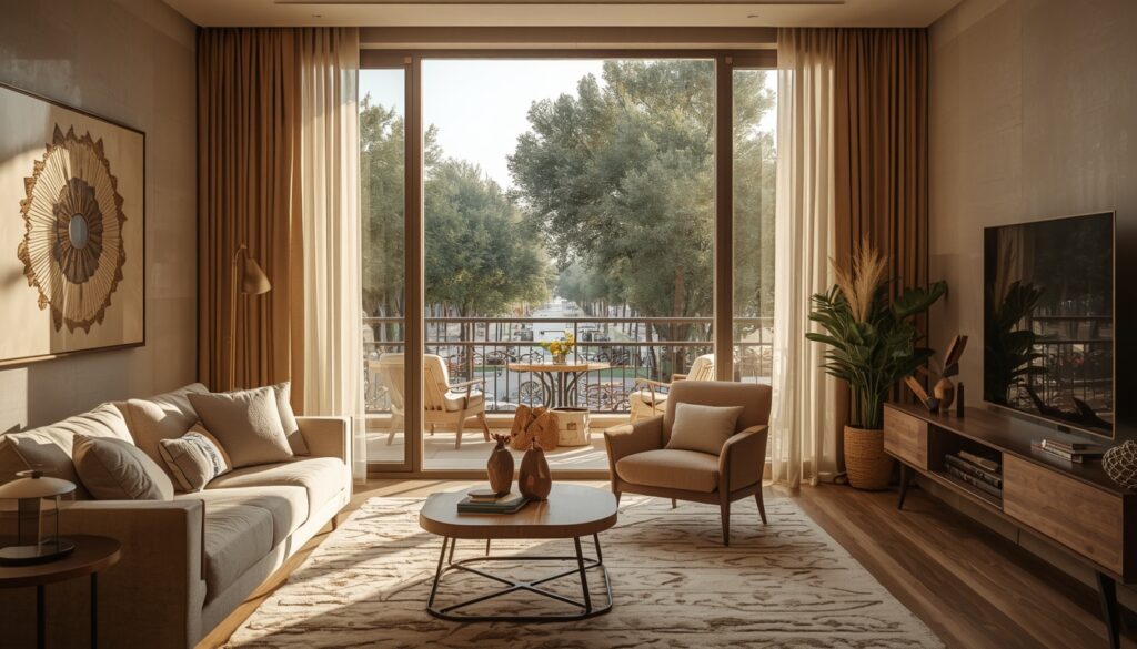 Morar no Egito em 2026: Custo de Vida, Vistos e Rotina Ambiente residencial aconchegante e iluminado em um bairro nobre do Cairo, refletindo a adaptação cultural e o conforto de viver no Egito.