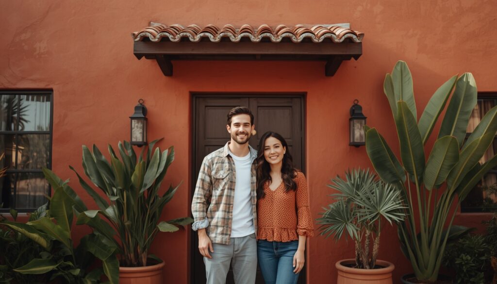 Como Morar no México em 2026? Custo de Vida, Vistos e Cidades Um jovem casal feliz em frente à sua casa de estilo colonial moderno no México, cercada por plantas tropicais e sob luz solar calorosa.