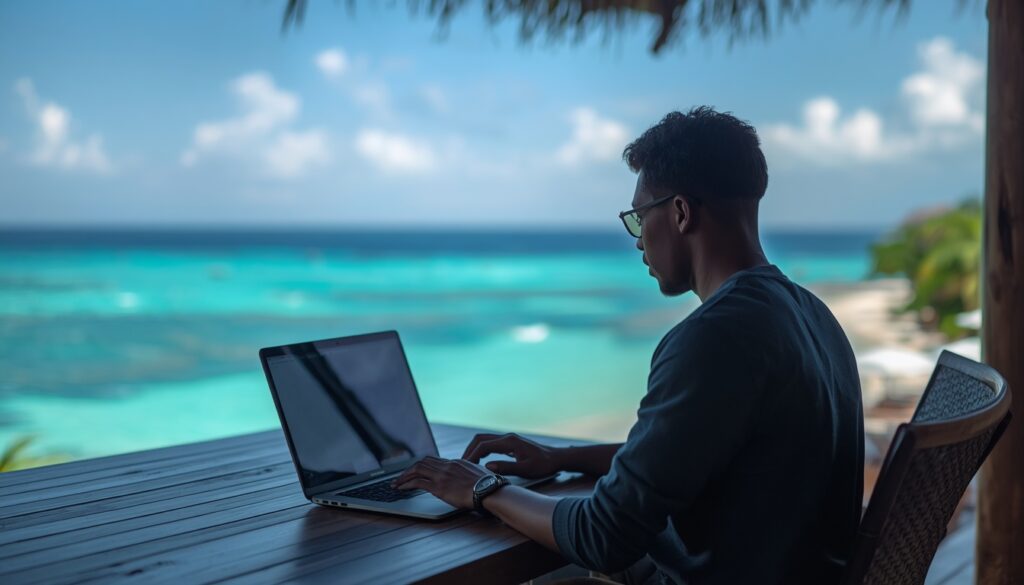 Trabalhar em Curaçao: Guia de Vistos, Empregos e Nômades Digitais Nômade digital trabalhando em um laptop em uma mesa de madeira com vista para o mar azul de Curaçao.