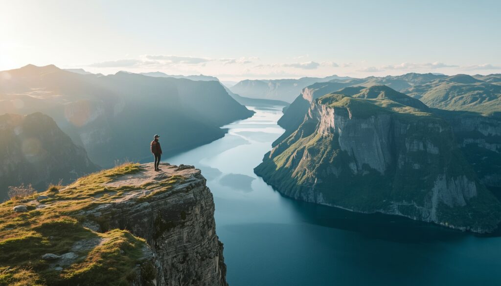 A Noruega é TÃO Cara Assim? Descubra Quanto Custa Viajar (Guia Real) Turista observando uma paisagem deslumbrante de um fiorde norueguês, com texto sugerindo custo-benefício de viagem.