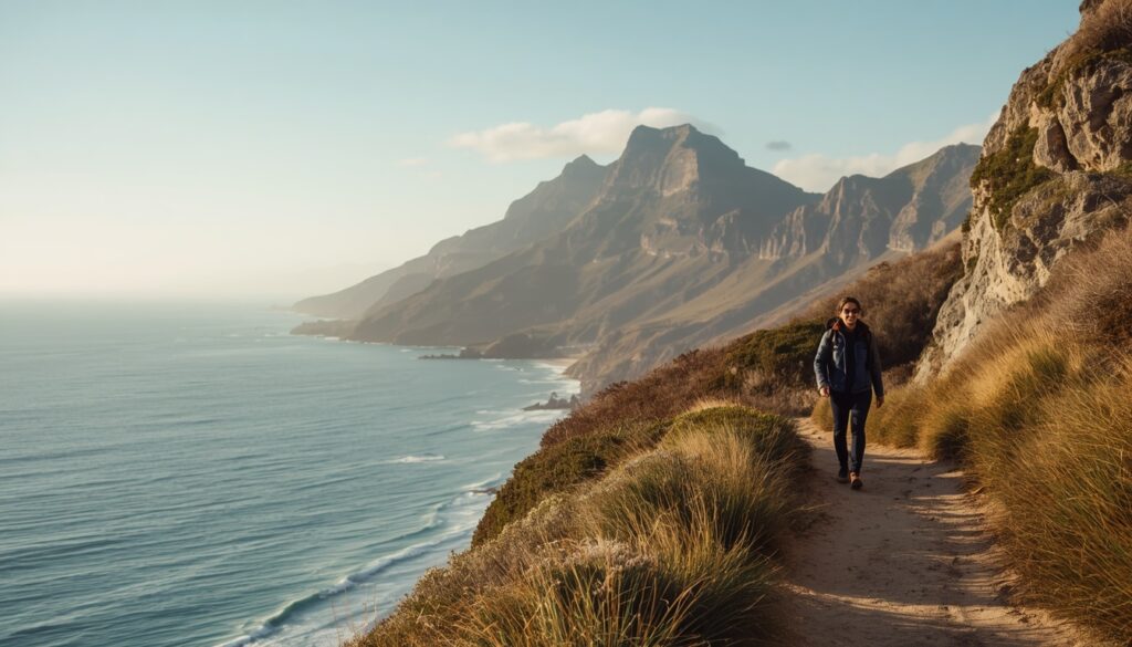 Seguro Viagem para a África do Sul: Qual Escolher em 2026? Viajante confiante caminhando em um cenário natural deslumbrante na África do Sul, transmitindo segurança e tranquilidade.