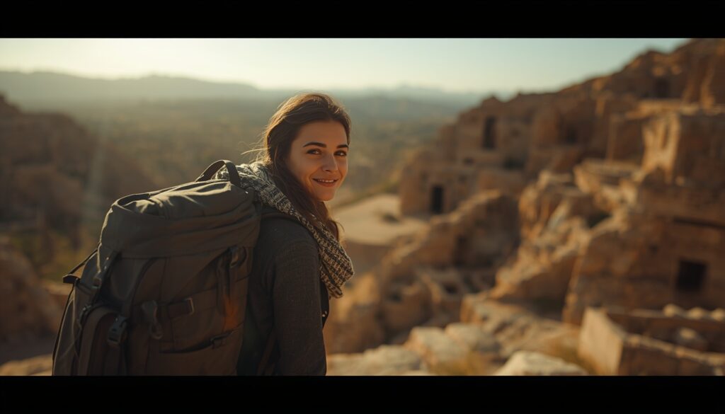Seguro Viagem para a Argélia: É Obrigatório? Dicas e Como Escolher Viajante com mochila em frente a uma paisagem histórica na Argélia, representando segurança e preparo para a viagem.