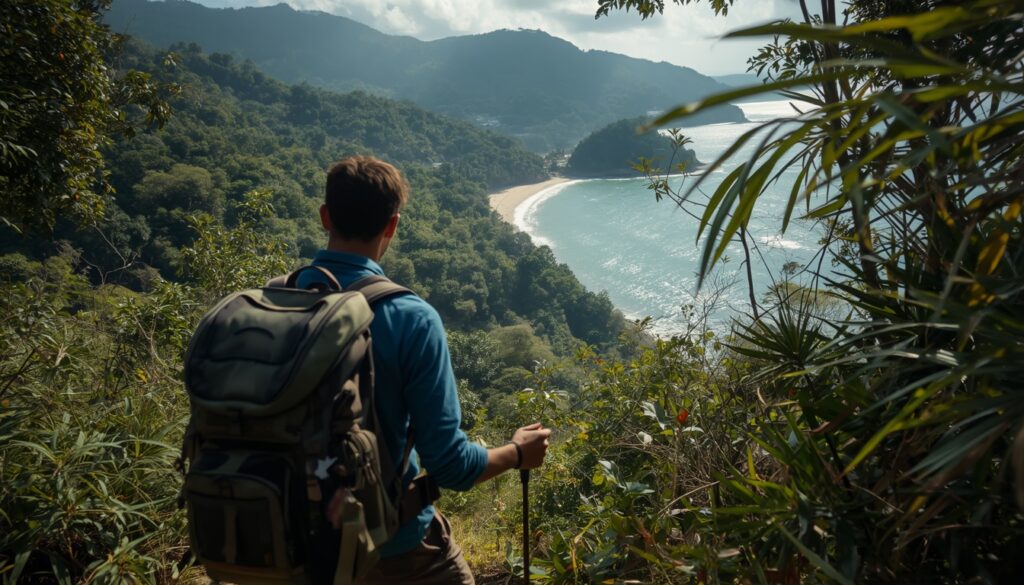 Seguro Viagem para Costa do Marfim: Qual o Melhor? (2026) Viajante com mochila observando uma paisagem exótica da Costa do Marfim, transmitindo sensação de aventura segura e protegida.