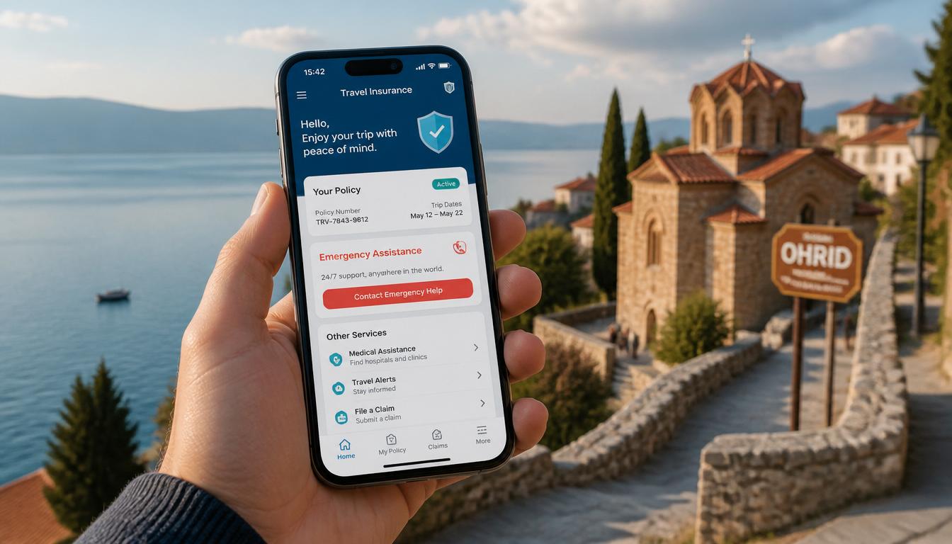 Apólice digital de seguro viagem para a Macedônia do Norte no smartphone do viajante em 2026