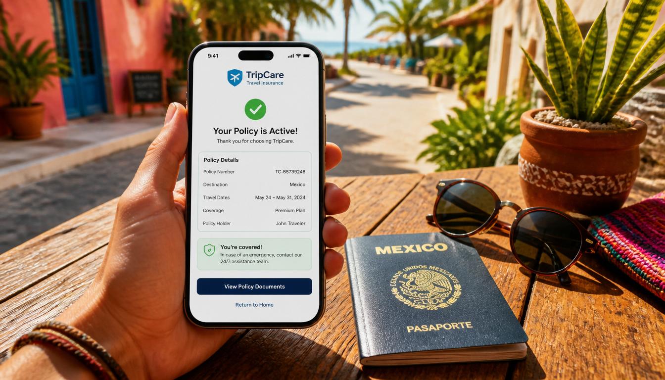 Turista acessando apólice digital do seguro viagem para o México em 2026 pelo celular