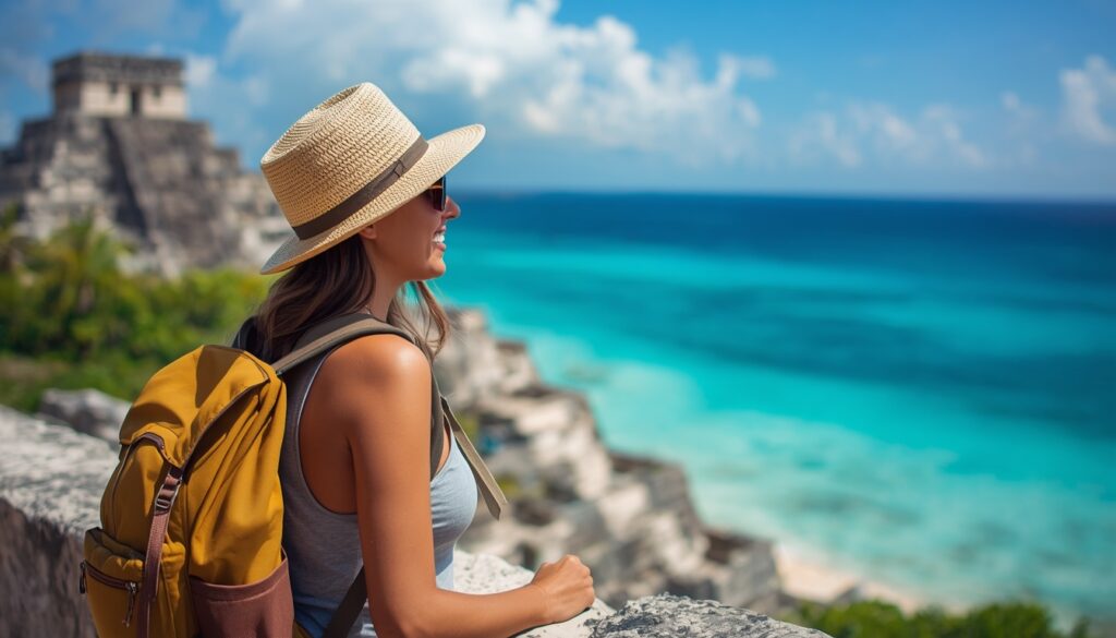 Seguro Viagem México é Obrigatório? Preços e Coberturas 2026 Viajante usando mochila e chapéu de palha observando a pirâmide de Tulum à beira do mar azul no México.