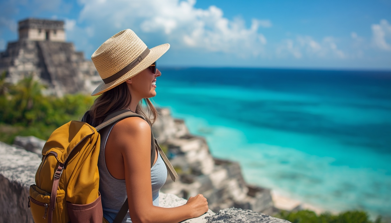 Turista com seguro viagem no México aproveitando Cancún com tranquilidade em 2026